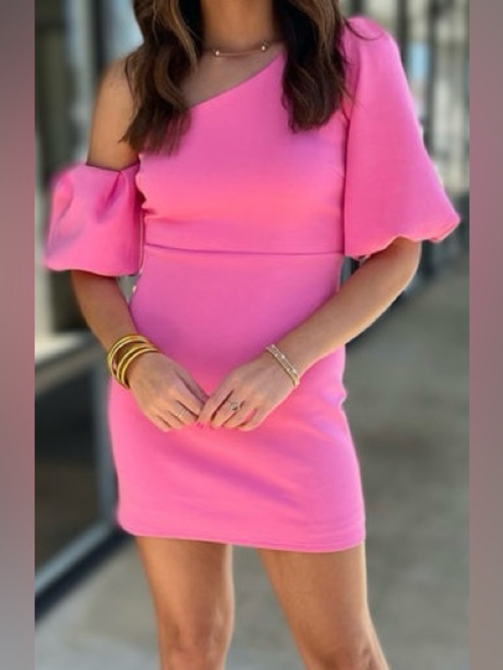 Lena one-shoulder pink mini dress distinctive puff sleeves women’s size Medium